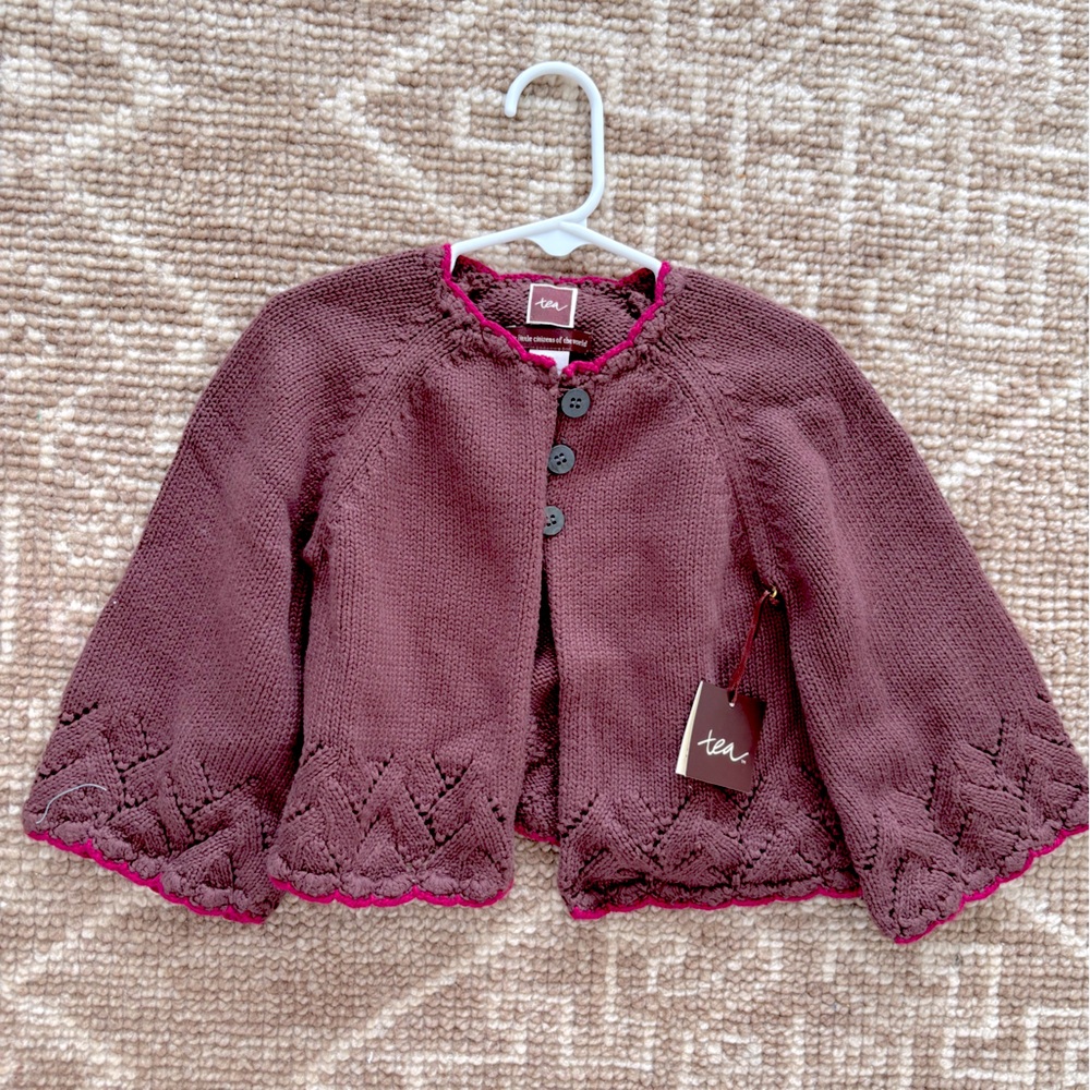 Tea Brown Knit Cardigan Sweater with Pink Detail & Buttons NWT 24 M Fall 2005